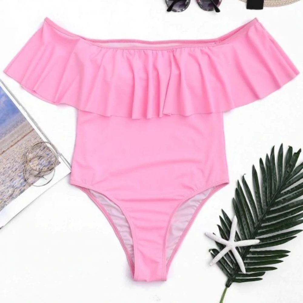 Zaful Pink Overlay Off the Shoulder Swimsu…